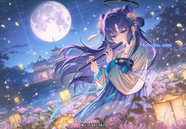 AI 画作, 女孩子, young girl, 碧蓝档案, Hayase Yuuka, Hanfu, 风景, Mid-Autumn Festival