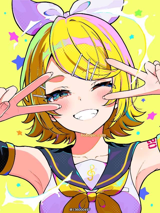 鏡音鈴, vocaloid, Vocaloid, peace sign, peace, wink, colorful, effect