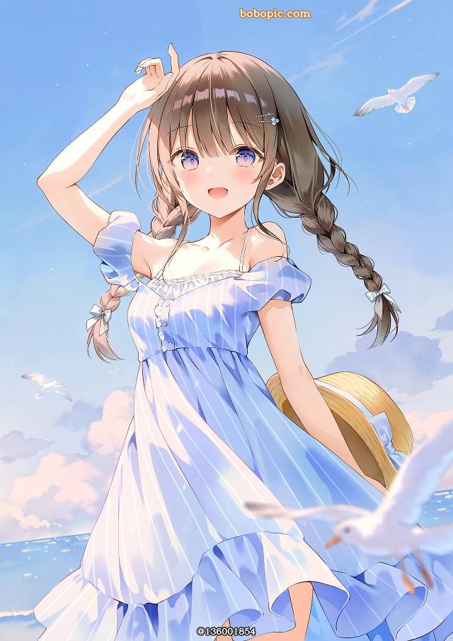 女孩子, young girl, sea, tian, 美甲, summer dress, 麻花辫