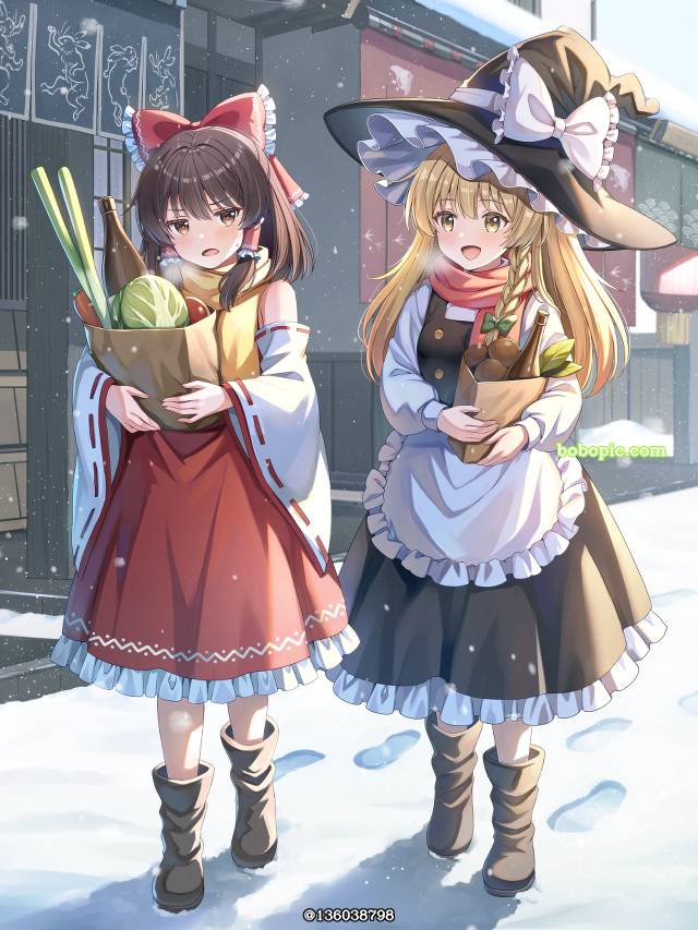 雾雨魔理沙, 博丽灵梦, 东方, 东方Project, miko, witch, 东方project1000收藏