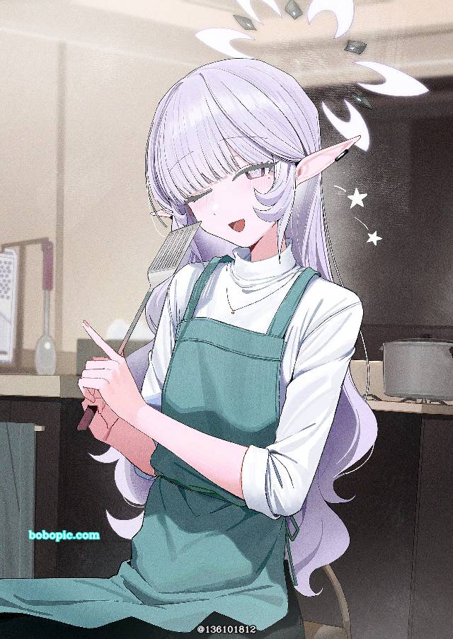 碧蓝档案, 明星日鞠, 精灵耳, casual clothes, 围裙, 抛媚眼