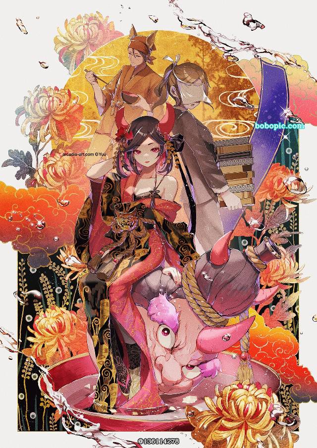 女孩子, 酒吞童子, floral playing cards, oni, sake, 原创
