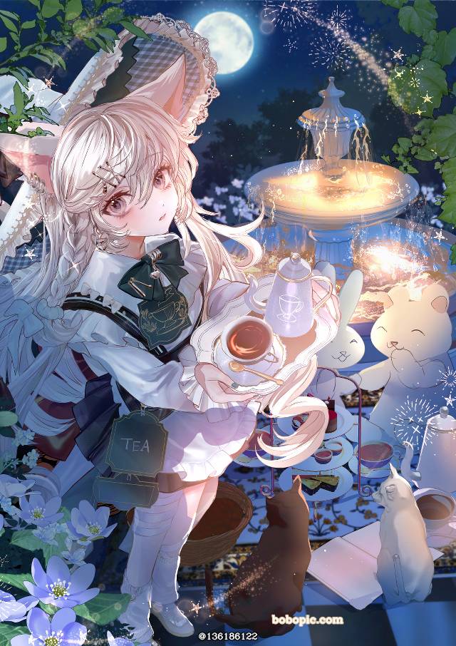 女孩子, 原创, cat, white cat, cat ears, night, moon, fountain, 原创100收藏