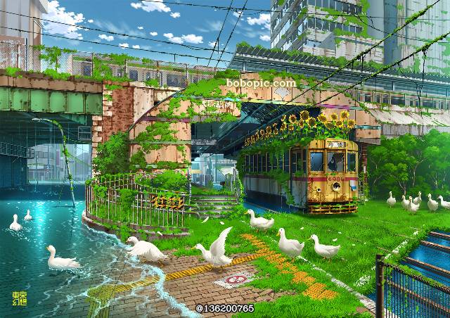 fantasy Tokyo, 废墟, 风景, 奇幻, 原创, greening, future, background, 淹没, Aaah! Look at the window! At the window!