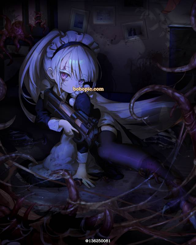 loli, original works, tentacle, maid outfit, tentacle girl, silver hair, parasitism
