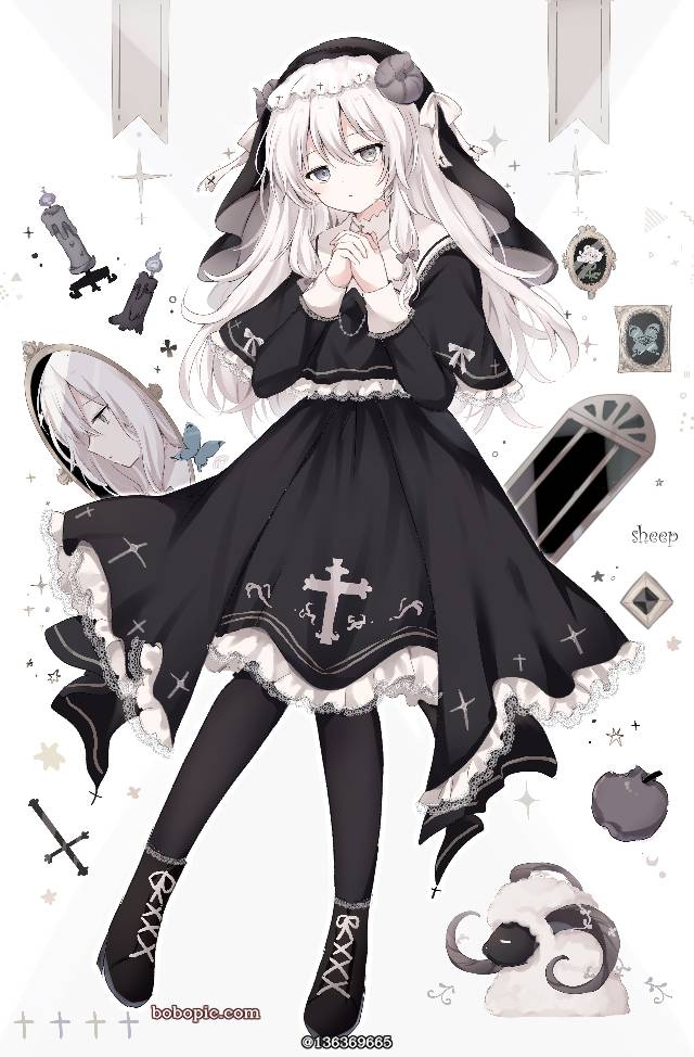 异色瞳, scornful eyes, 修女, 哥特萝莉, 黑, goat, 镜, long white hair