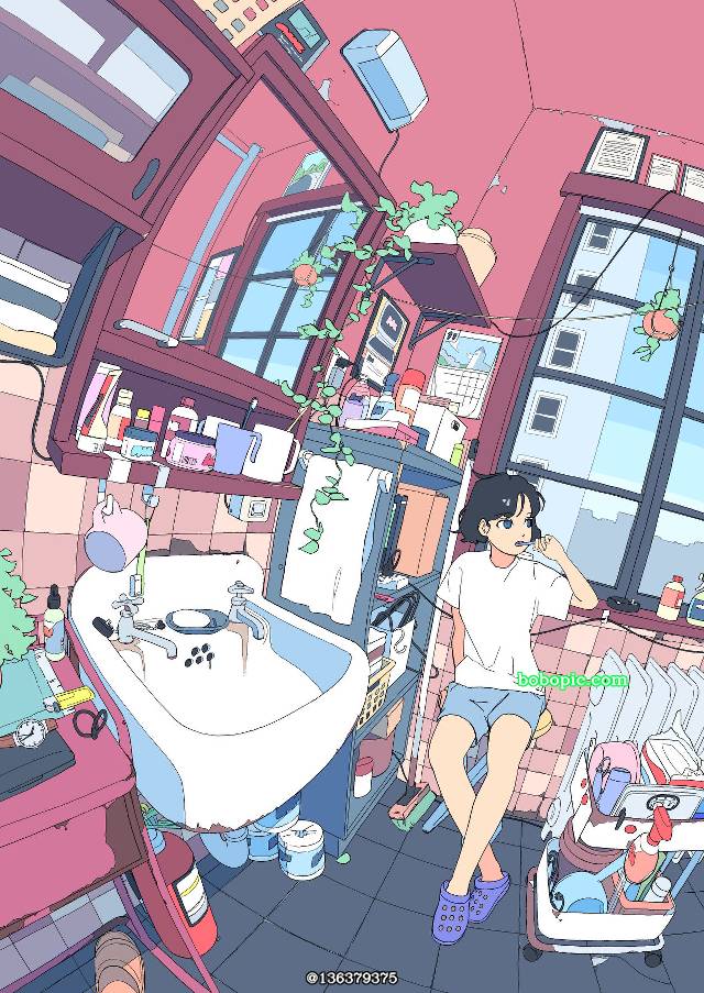 女孩子, 房间, slice of life, space, background, fisheye, morning, bathroom, 刷牙, houseplant