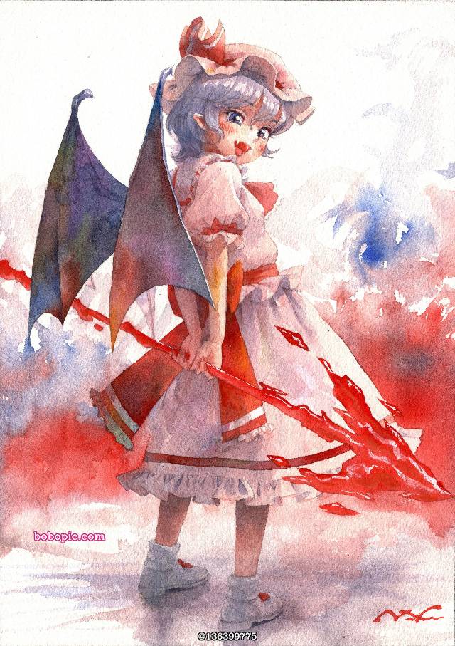 手绘, transparent watercolor, 东方, watercolor, 蕾米莉亚·斯卡蕾特, 东方Project