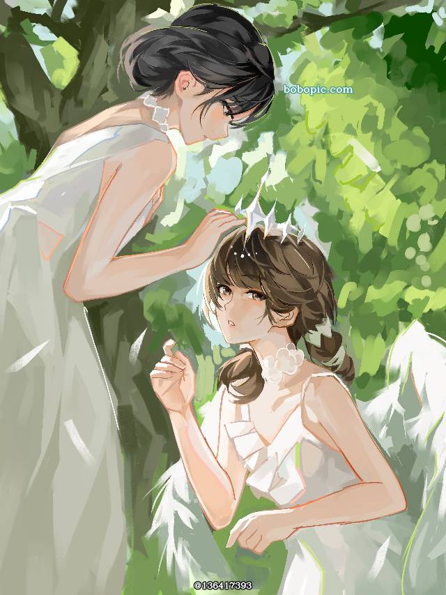 原创, 女孩子, 黑发, young girl, angel, impasto, duo, illustration, yuri