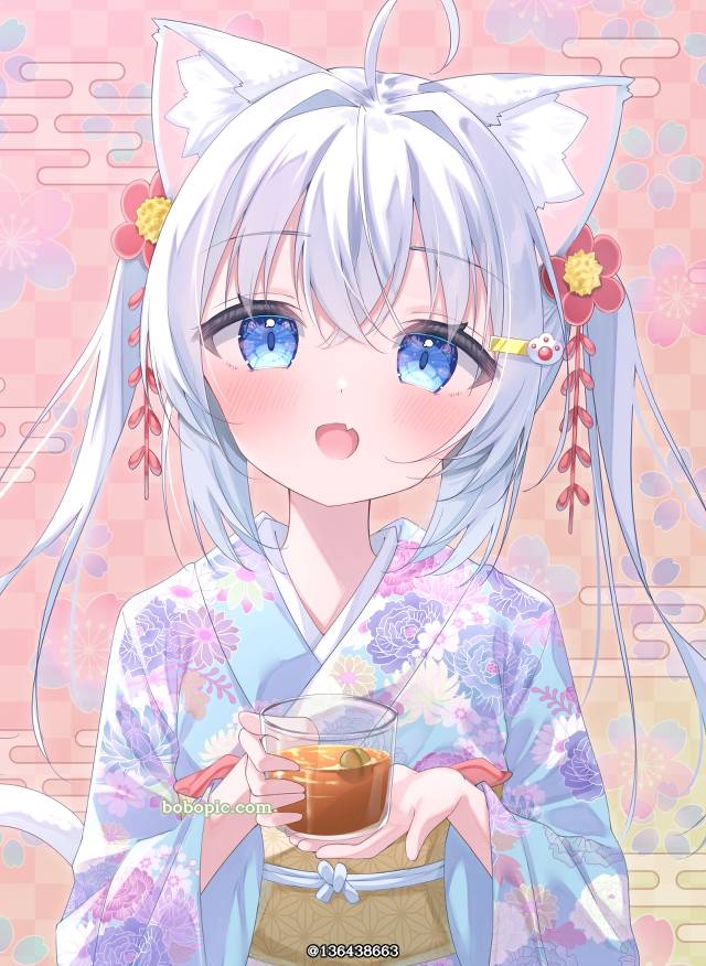 原创, 女孩子, cat ears, 和服, 白发, 双马尾, 兽耳