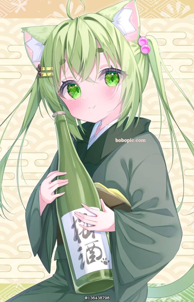 原创, 女孩子, cat ears, 兽耳, 和服, green hair, 双马尾