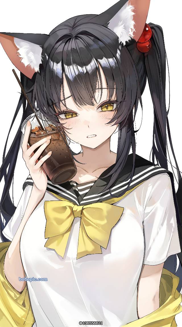 兽耳, 水手服, 双马尾, black hair, cat ears, 女校学生
