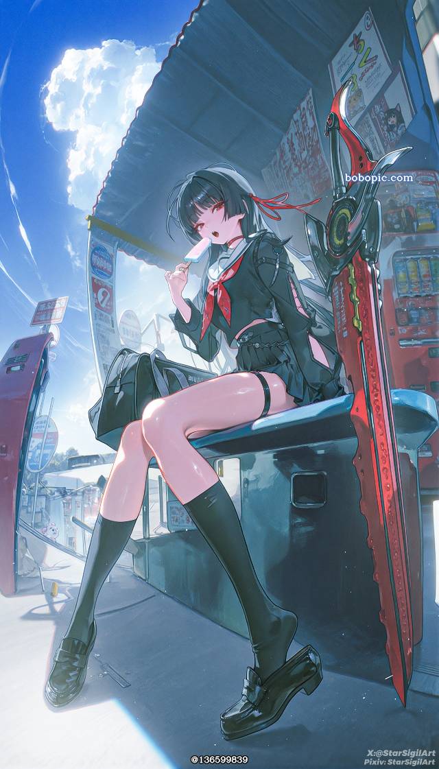Wuthering Waves, illustration, doujin, original works, red spider lily, 黑长直, 水手服, Chisa (Wuthering Waves), AI 画作