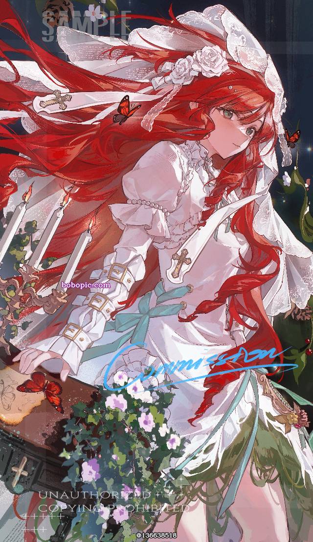 young girl, 女孩子, 蝴蝶, red hair, requested illustration, 插画