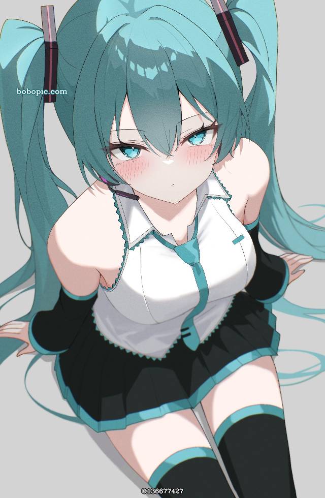 初音未来, 双马尾, sitting, 向上看