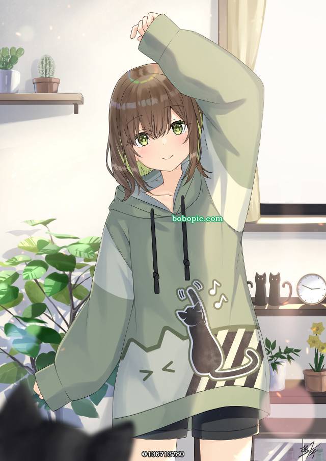 inner color, 女孩子, 原创, 连帽衫, 热裤, cat, plant, clock
