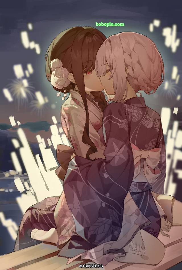 The Summer You Were There, yuri, lesbian kiss, 女孩子, young girl, 插画, 焰火, 百合100收藏