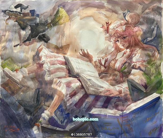 手绘, transparent watercolor, 东方, watercolor, 东方Project, 帕秋莉·诺蕾姬, 雾雨魔理沙, Autumn Reitaisai