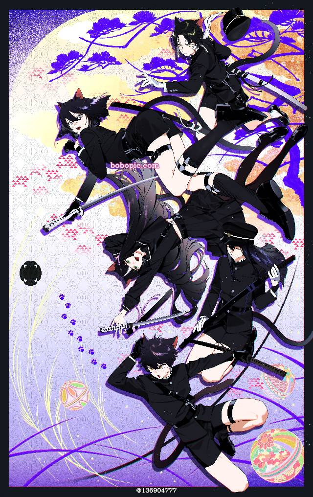 原创, 原创, young boy, 日本刀, cat