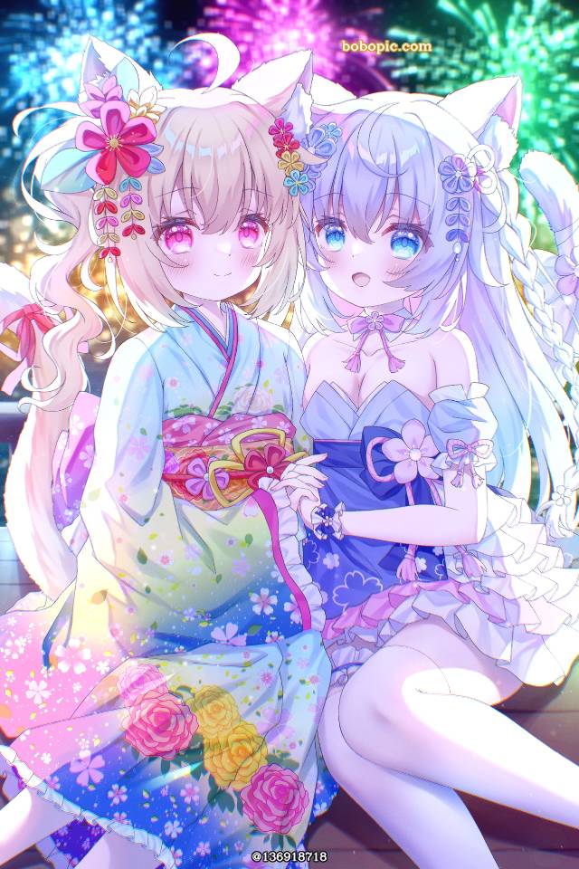 女孩子, 和服, 焰火, yuri, 萝莉