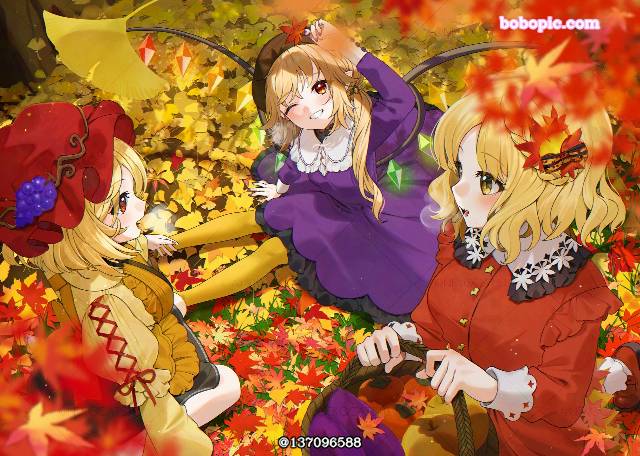 东方Project, Flandre Scarlet, autumn leaves, Aki sisters, shizuha aki, Minoriko Aki