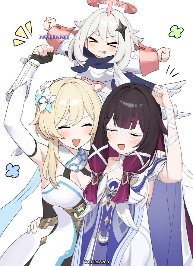 Genshin Impact, firefly, young girl, 哥伦比娅, Paimon, 哥伦比娅（原神）, 萤（原神）, smile, fist pump, 原神1000收藏