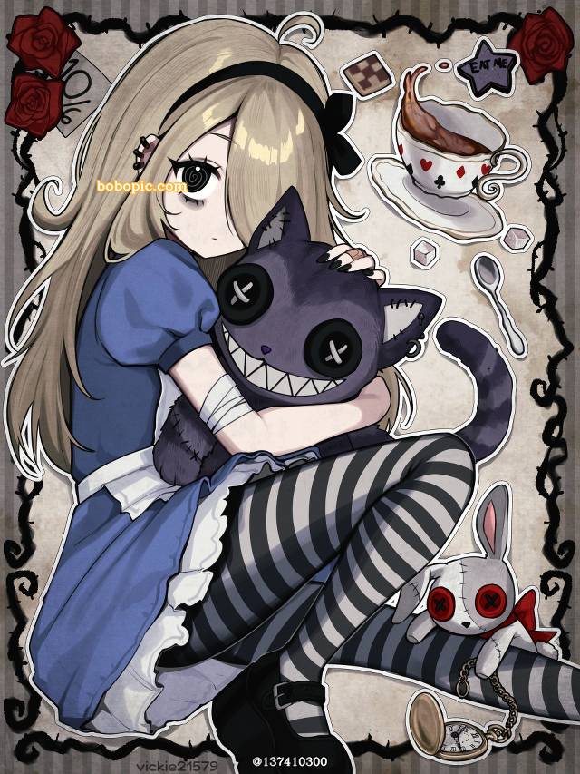 Alice In Wonderland, 爱丽丝, fairy tale, 连衫围裙, spiral eyes, scary, cheshire cat