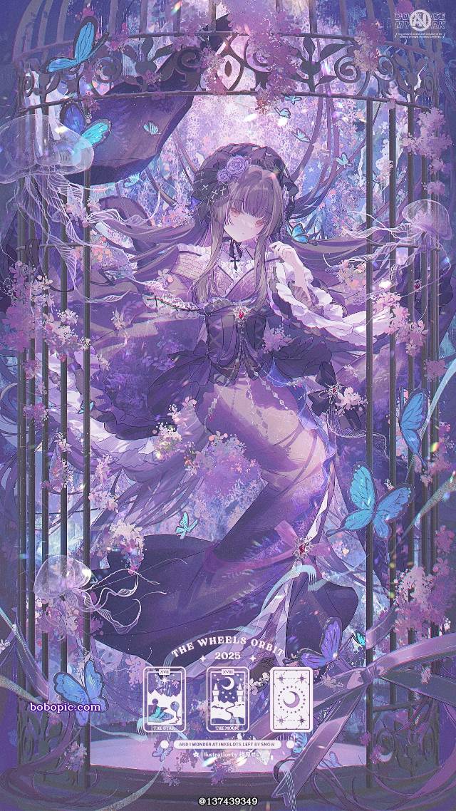 女孩子, requested illustration, witch, red eyes, purple, 水母, 鸟笼, flower