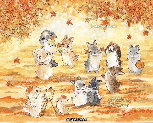 手绘, hand-drawn, 原创, 彩色铅笔, watercolor, 兔子, autumn leaves