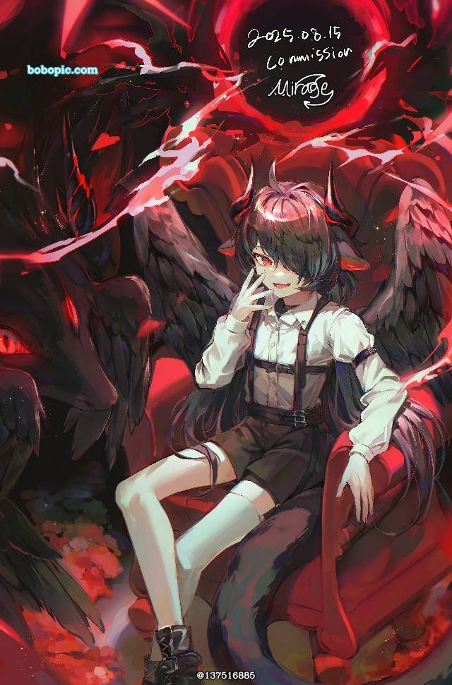 黑发, young girl, 女孩子, horned girl, 龙, 羽翼, one eye covered, harness