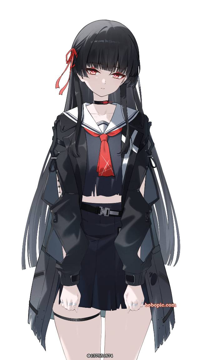 Wuthering Waves, Chisa (Wuthering Waves), black hair, red eyes, 腿环