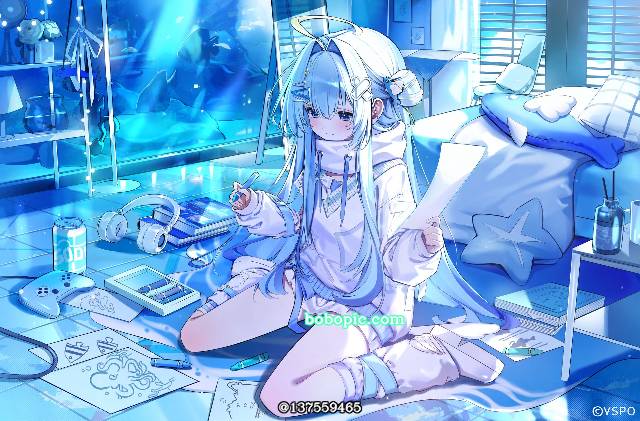 原创, 女孩子, 蓝, 商业绘图, 鸭子坐, Virtual YouTuber 1000+ bookmarks, bedroom, hair bun
