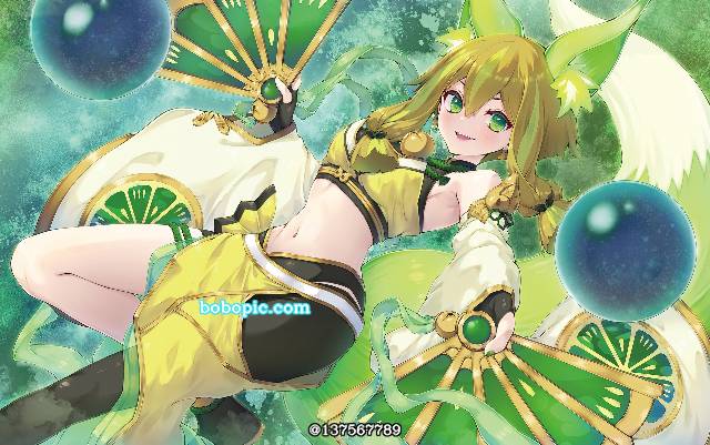 游戏王, 游戏王OCG, Miko (Yu-Gi-Oh!), Fu-Ri the Orb Mikanko, 肚脐, green eyes, smile, 兽耳, 尾巴