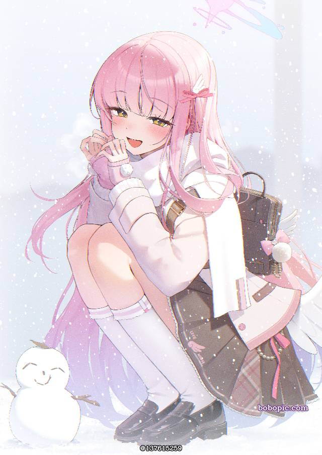 碧蓝档案, Mika Misono, Mika, 女孩子, winter, 蹲, snow