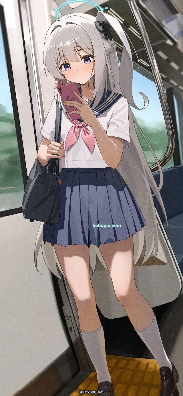 碧蓝档案, 月雪宫子, White Hair, 水手服, 地铁, 女孩子, Blue Archive 1000+ users, side ponytail