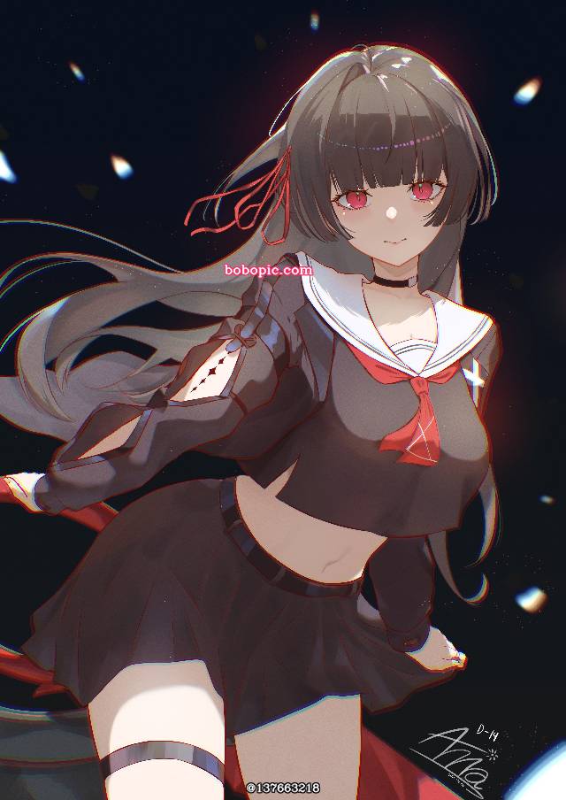 100 Day Challenge, Wuthering Waves, Chisa (Wuthering Waves), 女孩子, 肚脐, 黑发, red eyes