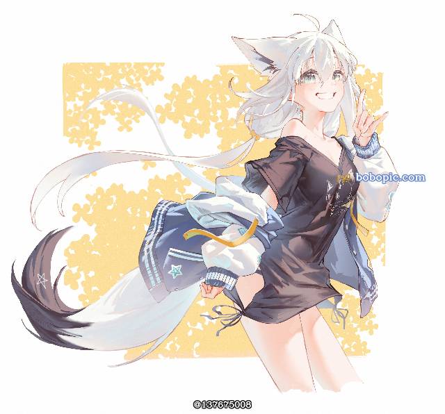 白上吹雪, Hololive, 虚拟主播, smile, Virtual YouTuber 1000+ bookmarks, fox ears, White Hair, 尾巴