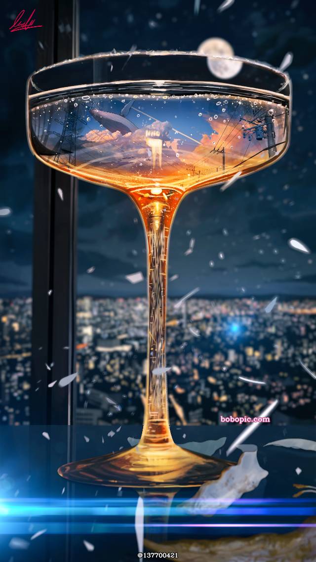 风景, sky, 原创, 夏天, 夕阳, 插画, cocktail, 玻璃之中