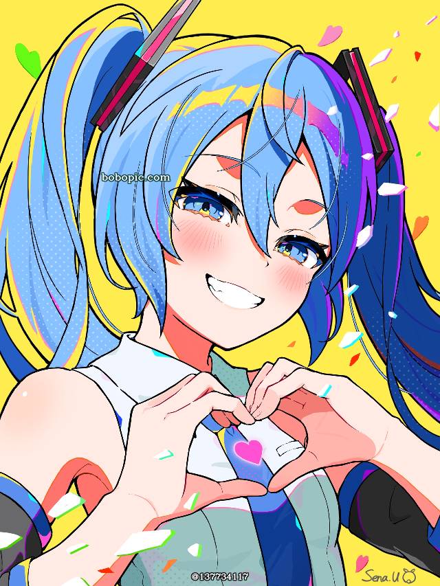 初音未来, vocaloid, Vocaloid, 双手比心, heart, effect, colorful