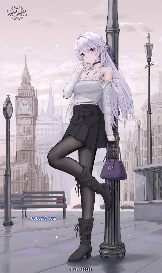 女孩子, Calabiyau, 黑裤袜, 白发, 显性巨乳, 魅惑的大腿, background, 露肩