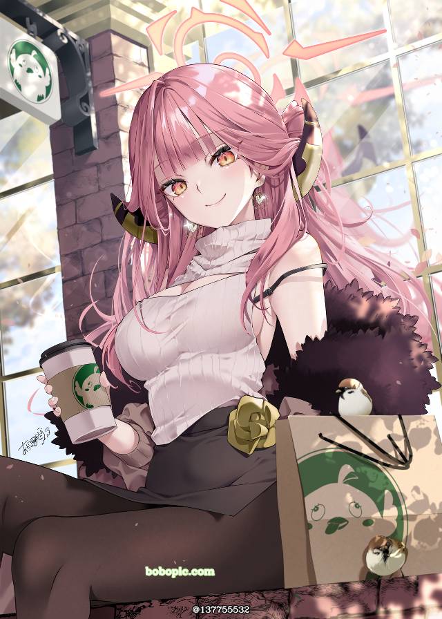 碧蓝档案, Rikuhachima Aru, long pink hair, 黑丝袜, horned girl, Blue Archive 1000+ users