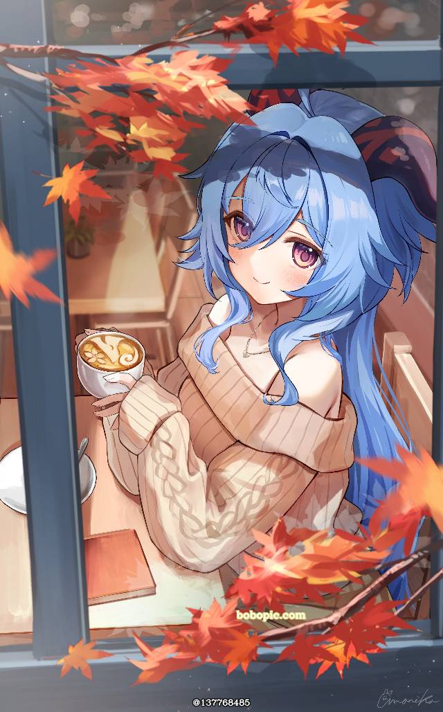 Ganyu, Genshin Impact, Ganyu (Genshin Impact), autumn, autumn leaves, cafe