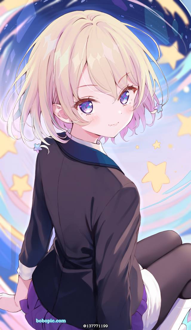 原创, 黑裤袜, 金发, 短发, demon girl, 女校学生, 脸红, 女孩子