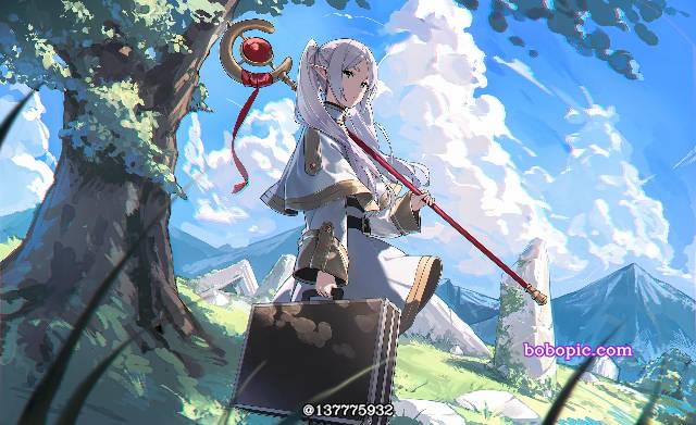 葬送的芙莉莲, 双马尾, White Hair, 精灵耳, staff, background