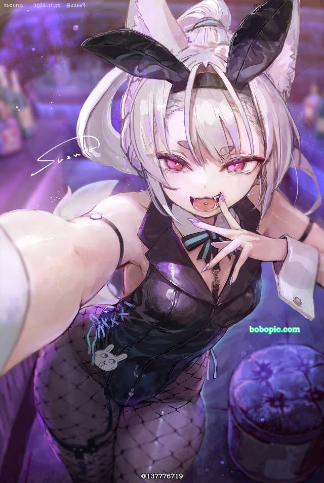 原创, fox ears, 兔女郎, 马尾, White Hair