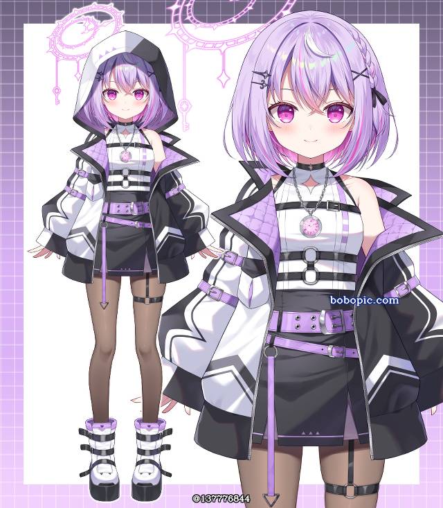 虚拟主播, 黑裤袜, Virtual Youtuber 100+ bookmarks, 连帽衫, purple hair, 立绘, 黑丝袜, 短发