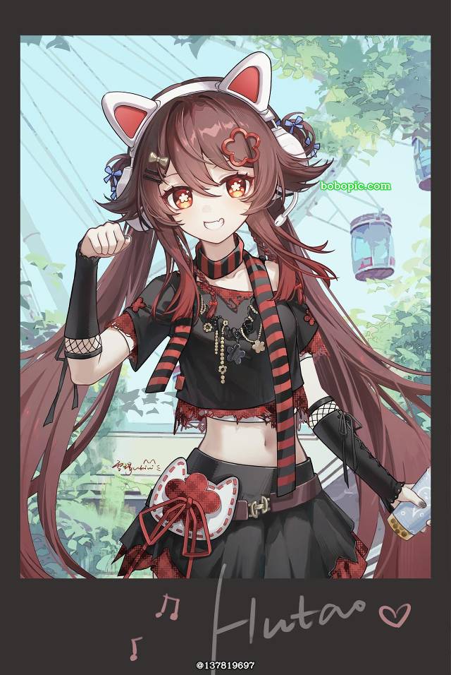 女孩子, Genshin Impact, Hu Tao (Genshin Impact), smile, 腹部, cat ears headphones, 茶发, 双马尾, legwarmer