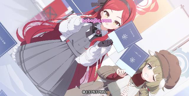 碧蓝档案, 三善贵音, Aramaki Yakumo, red hair, 手套, headband, 抛媚眼