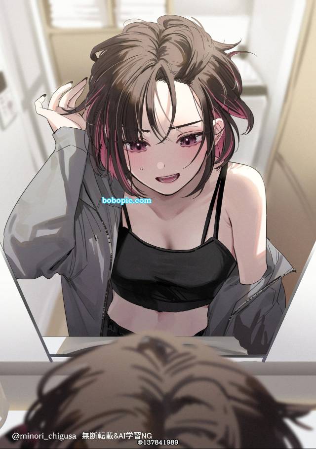 原创, 女孩子, Ren Shirayuki, Shino and Ren, 起床, Girl in the Mirror, bed hair, smile, inner color, 短发