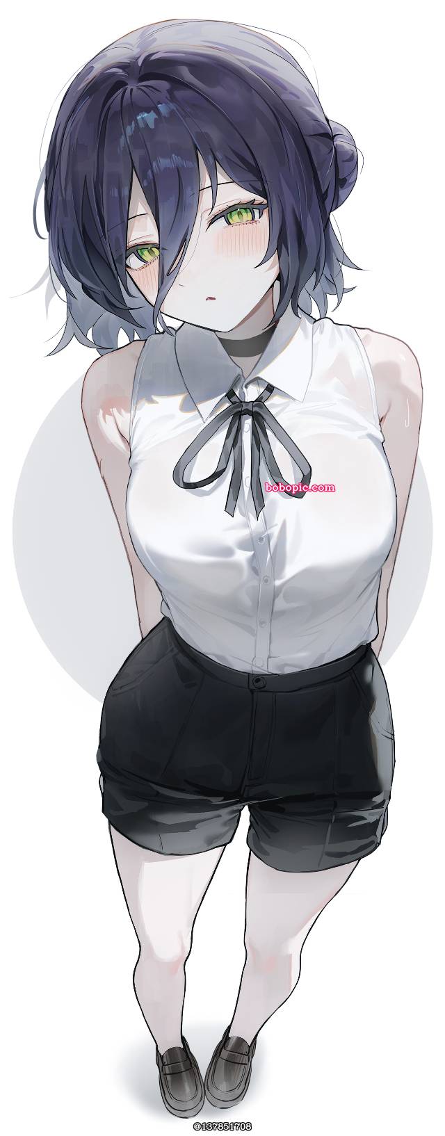 Reze, Chainsaw Man, green eyes, 无袖, hands behind back